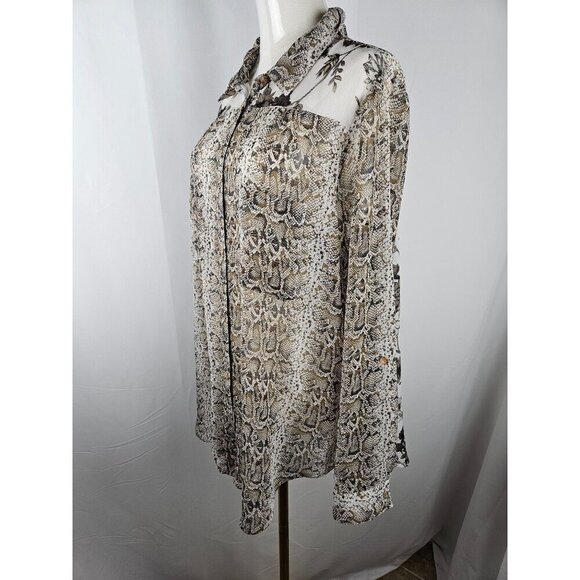 Figueroa & Flower Size XL Button Snakeskin Floral Tan Semi Sheer Blouse Western - Picture 4 of 8